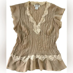 Vintage Y2K Allison Taylor Lace Trim Beige Babydoll Peasant Blouse Petite M